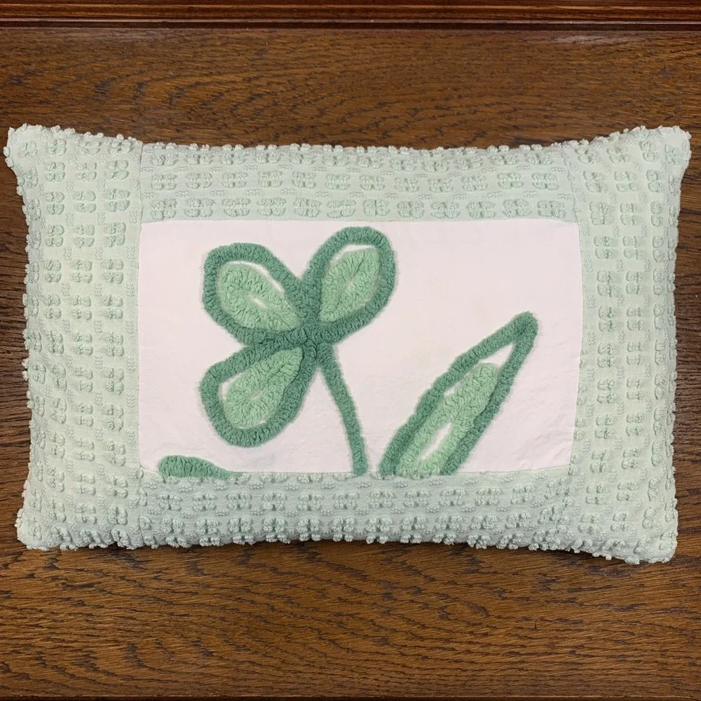 Vtg Mint Green Chenille Clover Throw Pillow 18x12 St Patrick's Day Spring EUC